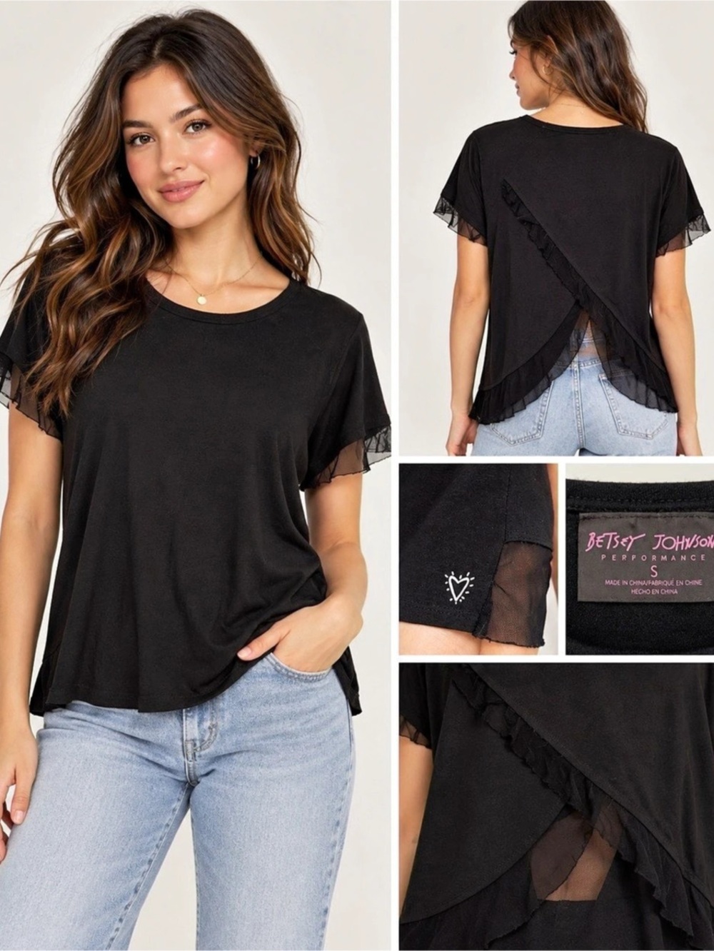 Betsey Johnson Black Ruffle Mesh Short Sleeve Top